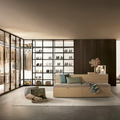 Walk-In Closet with Black Framed Glass Doors Built-In LED Lit Shoe Shelves & Dresser Station Modular Wood Veneer Storage System