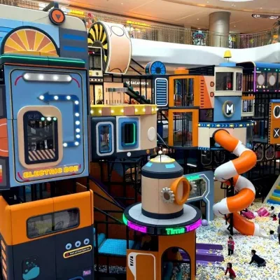 Large Industrial Style Space-Themed Customizable Kids Indoor Playground Equipment Time Tunnel Rocket Pods Ball Pit CE Certified