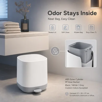 Space Saving 7L Pedal Trash Can Non-Slip Step Garbage Bin with 90 Degree Stay Open Lid and Removable Inner Bucket for Home