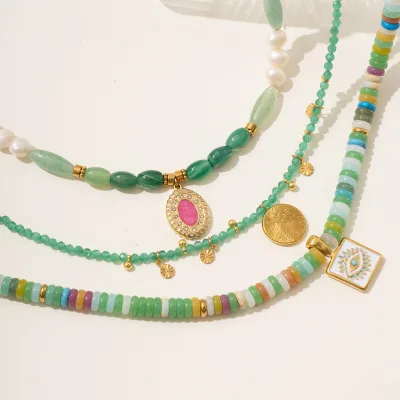 Colored Frisbee Natural Stone Necklace, Stainless Steel Eyes Necklace, Natural Freshwater Pearl Beaded Necklace