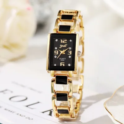 Chic Niche Ladies Quartz Wrist Watch Custom Service Gold Tone Square Dial Metal Link Bracelet Watch Rhinestone Detail Timepiece