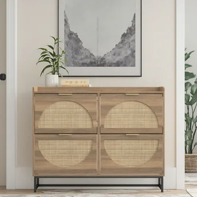 Bien 24 Pair Shoe Storage Cabinet with 4 Flip Doors, Stylish and Simple Dark Rustic Oak Finish Modern Freestanding Shoe Cabinet