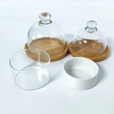 Dustproof Bamboo Dessert Cake Cheese Box Fresh-Keeping Butter Keeper with Glass Dome for Butter Cheese Serving