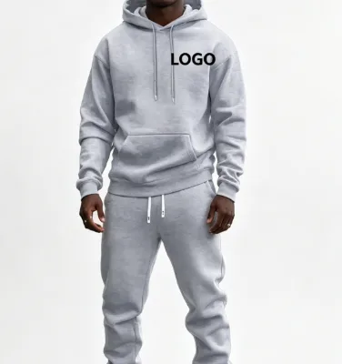 Men Custom Logo Light Gray Hoodie Jogger Pants Set Casual Fleece Two-Piece Tracksuit for Streetwear Sports
