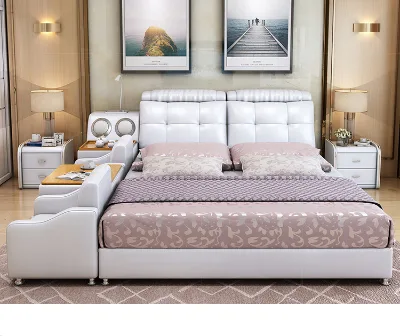 Home Furniture Wholesale Luxury King Size Up-holstered Beds Frame With Remote Control Fireplace Speaker Bed Frame