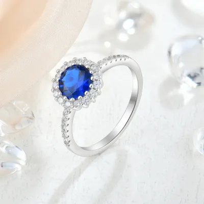 925 Sterling Silver Diana Style Ring Round Blue Gemstone Halo Setting Zircon Pave Band Women Engagement Ring