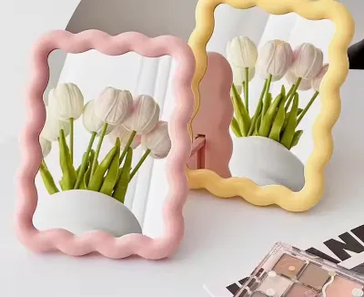Cute Candy Color LED Portable Cosmetic Makeup Mirror with Creative Stand for Dormitory Students and Women Desktop Use