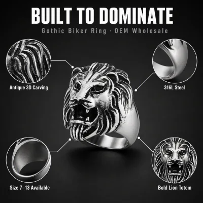 Roaring Lion Head Ring Stainless Steel Vintage Biker Gothic Animal Punk Men Fashion Jewelry Wholesale OEM Available