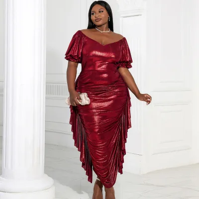 Elegant V Neck Puff Sleeves Solid Women Summer Products Prom Dresses