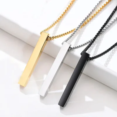 Stainless Steel 3D Cuboid Bar Pendant Necklace Gold Silver Black Minimalist Box Chain Hip Hop Couple Necklace Men Women Jewelry