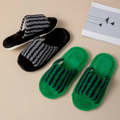 Botu Autumn and Winter New Striped Contrast Open Women's Cotton Slippers Fashion and Cute Fur Slippers Home Plush Slipper