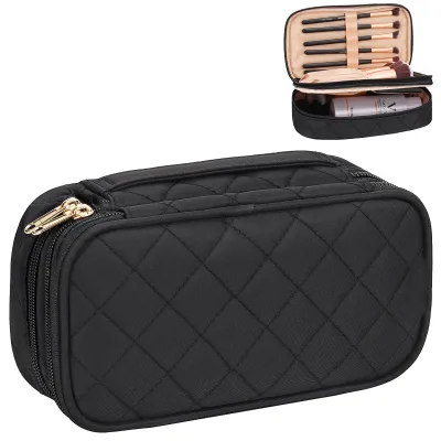 Daily Use Women 2 Layer Travel Makeup Organizer Black Handbag Purse Pouch Small Cosmetic Bag
