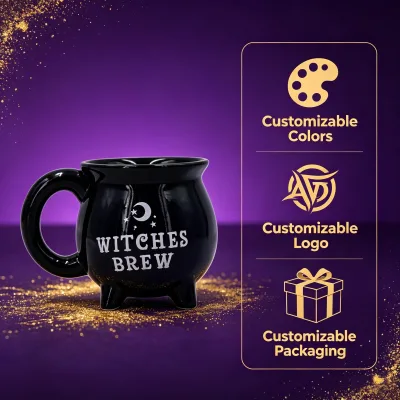 Customized Logo Black Ceramic Cauldron Coffee Mug Cup Halloween Witch Mug for Halloween Gift
