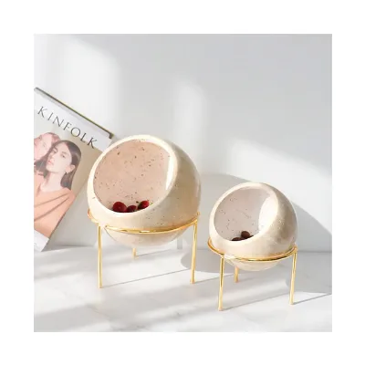 New Design Marble Decorative Home Decor Marble Travertine Fruit Bowl With Marble Iron Metal Base