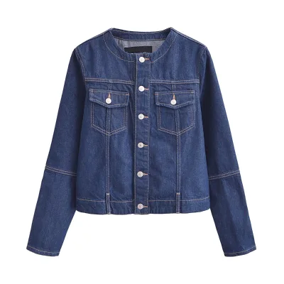 Custom Logo 2024 Spring Fall New Women's Denim Tops Crew Neck Single Breasted Denim Jacket