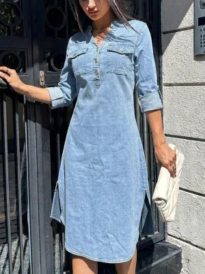 Women's Solid Elegant Vintage Casual Denim Floor-Length Single-Button Shirt Dress Natural Waist Loose Fit Spring XL Size Fashion