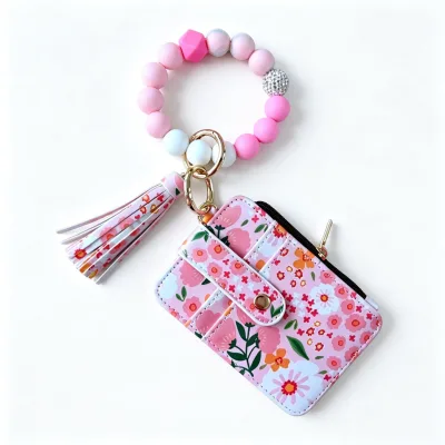 Fashionable UV-printed Macaron-colored PU Card Holder with Tassel,Coin Purse with Silicone Beaded,multi-card Slot ID Card Wallet