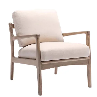 Nordic Wooden Accent Chairs Beige Fabric Living Room Chairs Leisure