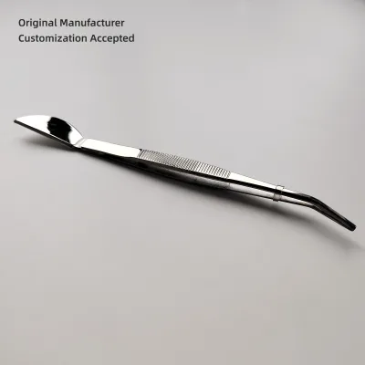 Customized Stainless Steel Curved Bent Tweezers Spatula 2 in 1 Serrated Tips 210mm Long for Arranging Bonsai Moss and Other Jobs