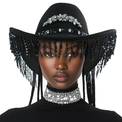 Fashionable Black Women's Cowgirl Hat with Tassel and Rhinestone Bride Wedding Church Women's Theme Party Cowboy Hats