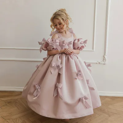 O-Neck Bow Bubble Sleeve Princess Dress for Little Girls Long Evening Gown for Birthday Party  Evening Dress Sweet Style