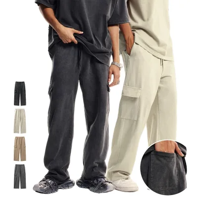 Custom Printed Blank 360 Grams Thick Washed Men's Sweatpants Straight Leg Drawstring Washed Cotton Sweatpants