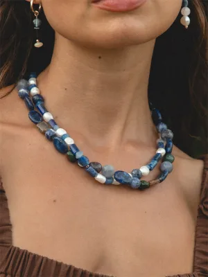New Fashion Bohemian Blue Gemstone Freshwater Pearls Beaded Jewelry Natural Stone Charm Women Minimalistic Necklace