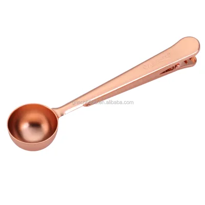 OEM Stainless Steel Rose Gold Plating Coffee Spoon With Clip Coffee Measuring Spoon