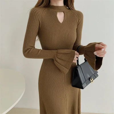 2024 Spring Casual Fish Tail Sweater Dress Knee Waist Flare Sleeves Backless Ruffles Print Loose OEM Service Available