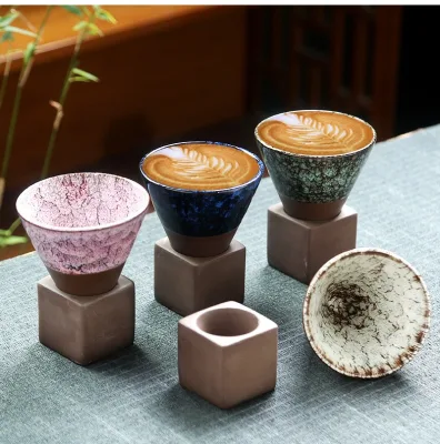 Vintage Arabic Style Ceramic Espresso Mug with Handmade Kiln Change Glaze Saucer Personal Coffee/Tea Mug for Wholesale