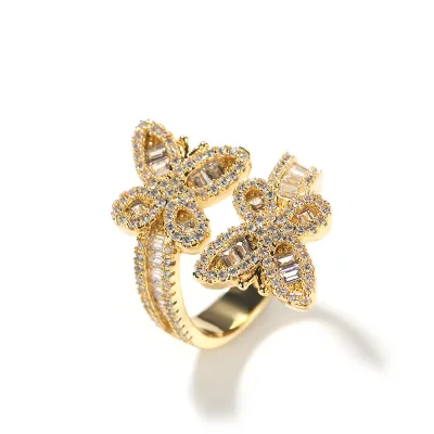Wholesale Fashionable Personality Hip-Hop All-Match Unisex Cubic Zirconia Staggered Butterfly Open Ring