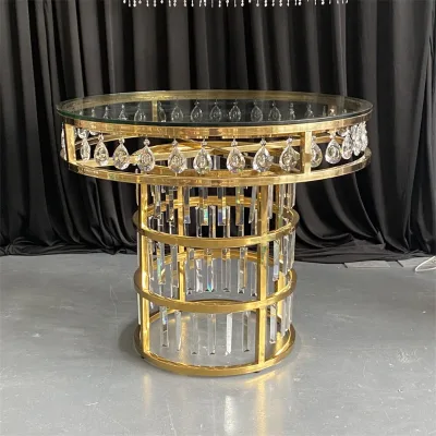 Hot Sale Golden Stainless Steel Base Round Cake Table Luxury Reception Wedding Cake Table With Crystals