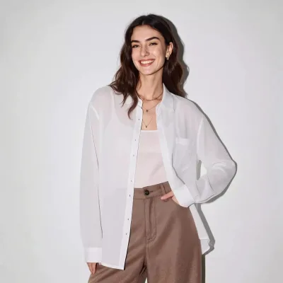 Women Sheer Long Sleeve Button Down Shirt Lapel Pocket Oversized Loose Fit Lightweight Semi Sheer Blouse Summer