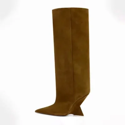 Women Knee High Boots Microfiber Suede Pointed Toe Geometric Heel for Fashion Focused Women in All Season Wardrobe Style