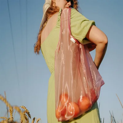 For Pink Transparent Organza Tote Bag Reusable Grocery Shopper Bag Shimmering Sheer Fabric