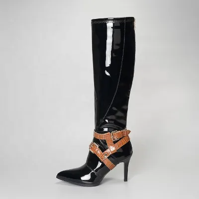 Marble Pattern Buckle Strap Big Size 43 Thin Heel Mirror Women Knee High Boots Back Zip Pointed Toe Dating Long Booty for Lady