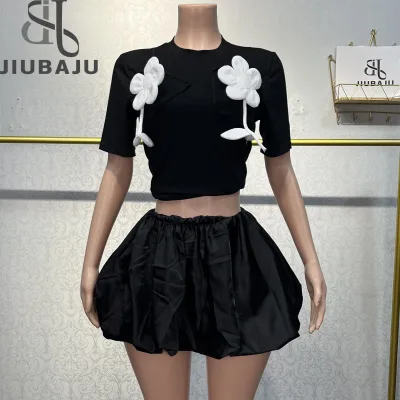 2024 Women Fashion Black 3D Removable Flower Short Sleeve Set + Stretchy Mini Puffer Skirt Set