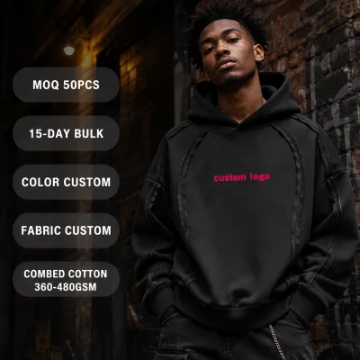 Custom Black Heavyweight Matte Fleece 400GSM Drop Shoulder Piping Seam Hood Men's Streetwear Pullover Hoodie