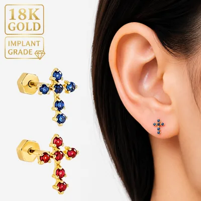 Minimalist 18K Gold Cross Stud Earrings Implant Grade Cartilage Piercing Jewelry for Helix Tragus Conch Lobe Piercing