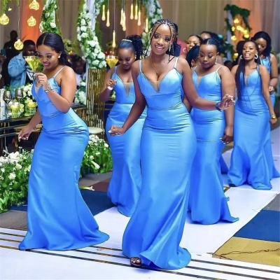 Blue Bridesmaid Dresses V-Neck Spaghetti Sheath Mermaid Bridesmaid Dresses Floor Length Wedding Party Bridesmaid Gown