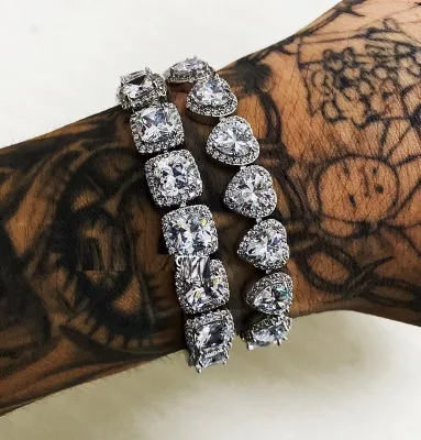 Valentine's Gift for Boyfriend Iced Bling 5A Cubic Zirconia Heart Tennis Bracelet Fashionable CZ Cluster Bracelet for Couples