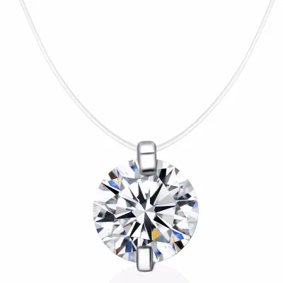 Fine 925 Sterling Silver Invisible Transparent Fishing Line Necklace Luxury Round Zircon Diamond Pendant Necklace Jewelry Women