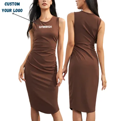 Summer Casual Solid Floor-Length Antibacterial Bodycon Dress with Round Neck Sleeveless Design and Pleated Waist