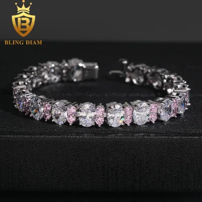 Fashion Custom Jewelry 925 Sterling Silver Tennis Bracelet Cubic Pink Zircon Oval Shape 6x8mm for Man Women