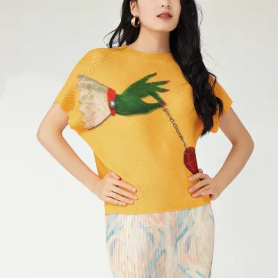Miyake Summer Women's Tops Short-sleeved New Printed T-shirt Loose Casual Simple Commuting All-match Pullover Women's Clothing