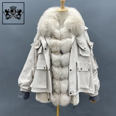Janefur Beige Big Pocket Free Size Fur Hood Loose Style Real Fur Parka Jacket Plus Size Loose Style Real Fur Coat for Women
