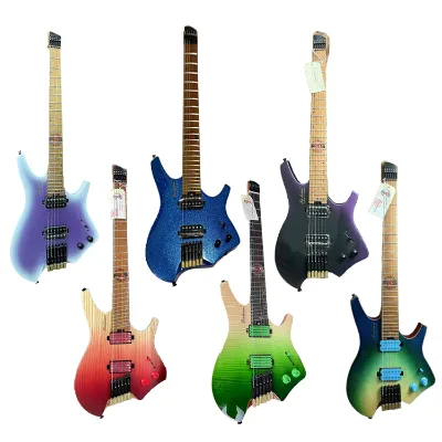 Factory OEM various styles of headless electric guitars with maple neck tremolo bridge, HH or SS pickups and logo customization