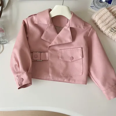 Autumn Spring New Girl Elegant Solid Color Coat Children Locomotive Style Pu Jacket