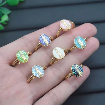 Religious Natural Mother of Pearl Shell Virgin Mary Ring 18K Gold Plated Open Adjustable Christ Rings