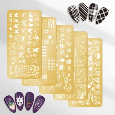 New Stainless Steel Gold Nail Stamping Plates Set Backer French Line Diamond Check Denim Bow Lace Patterns Professional Salon